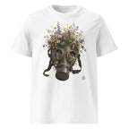 A white short-sleeve crewneck t-shirt featuring a Wry Bird graphic print of a vintage gas mask filled with an assortment of colorful wildflowers, shown against a plain white background.