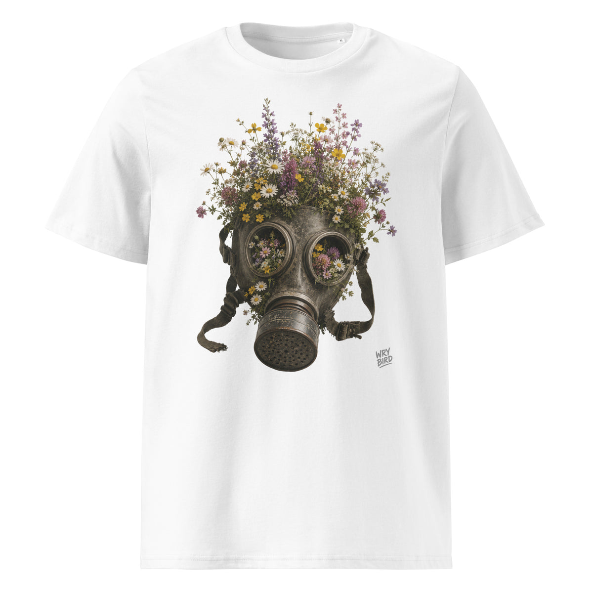 A white short-sleeve crewneck t-shirt featuring a Wry Bird graphic print of a vintage gas mask filled with an assortment of colorful wildflowers, shown against a plain white background.