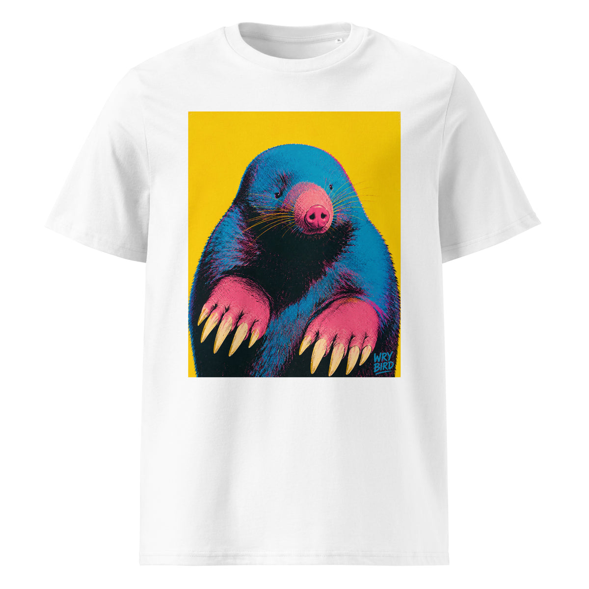 A white short-sleeve crewneck t-shirt featuring a colorful Andy Warhol stylegraphic print of a blue and pink mole on a bright yellow square background, displayed on a clean white studio background.