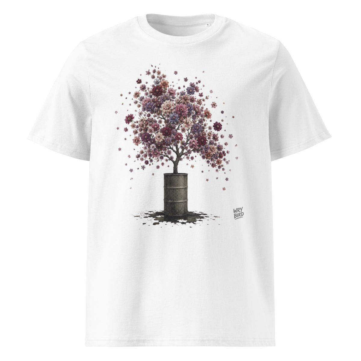 A white short-sleeve crewneck t-shirt featuring a graphic print of a tree with purple and pink flower-like foliage growing out of a dark barrel, with a small Wry Bird logo on the lower right of the graphic.