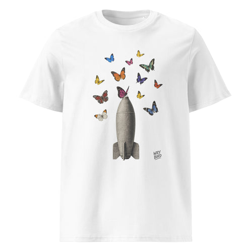 An eco friendly white short-sleeve crewneck t-shirt featuring a graphic print of a gray bomb ship surrounded by colorful butterflies, with a small 'Wry Bird' brand signature on the lower right of the graphic.