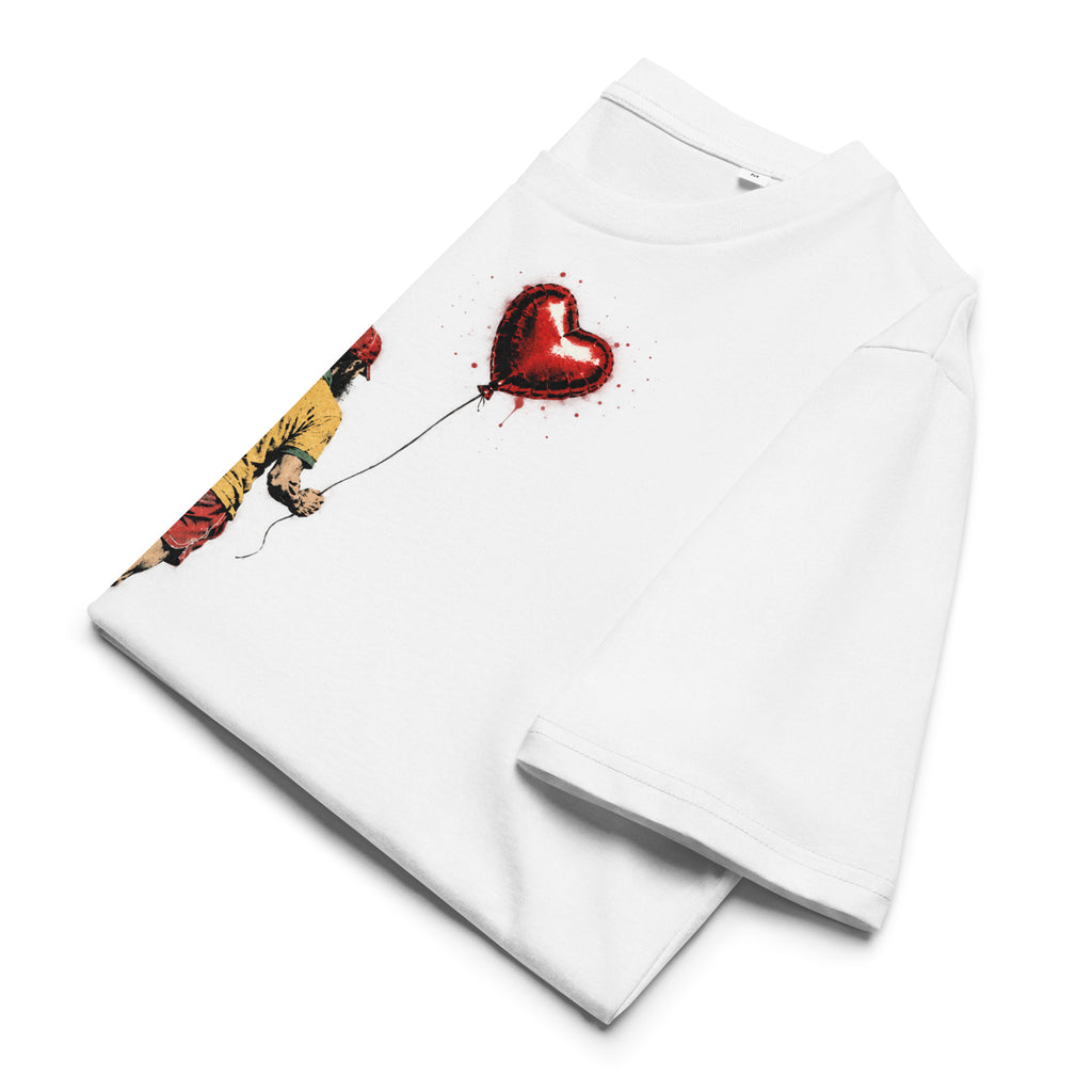 A white short-sleeve T-shirt laid flat on a white background, featuring a graphic Banksy style print of a running man in a yellow shirt holding a red heart-shaped balloon with red paint splatter details.