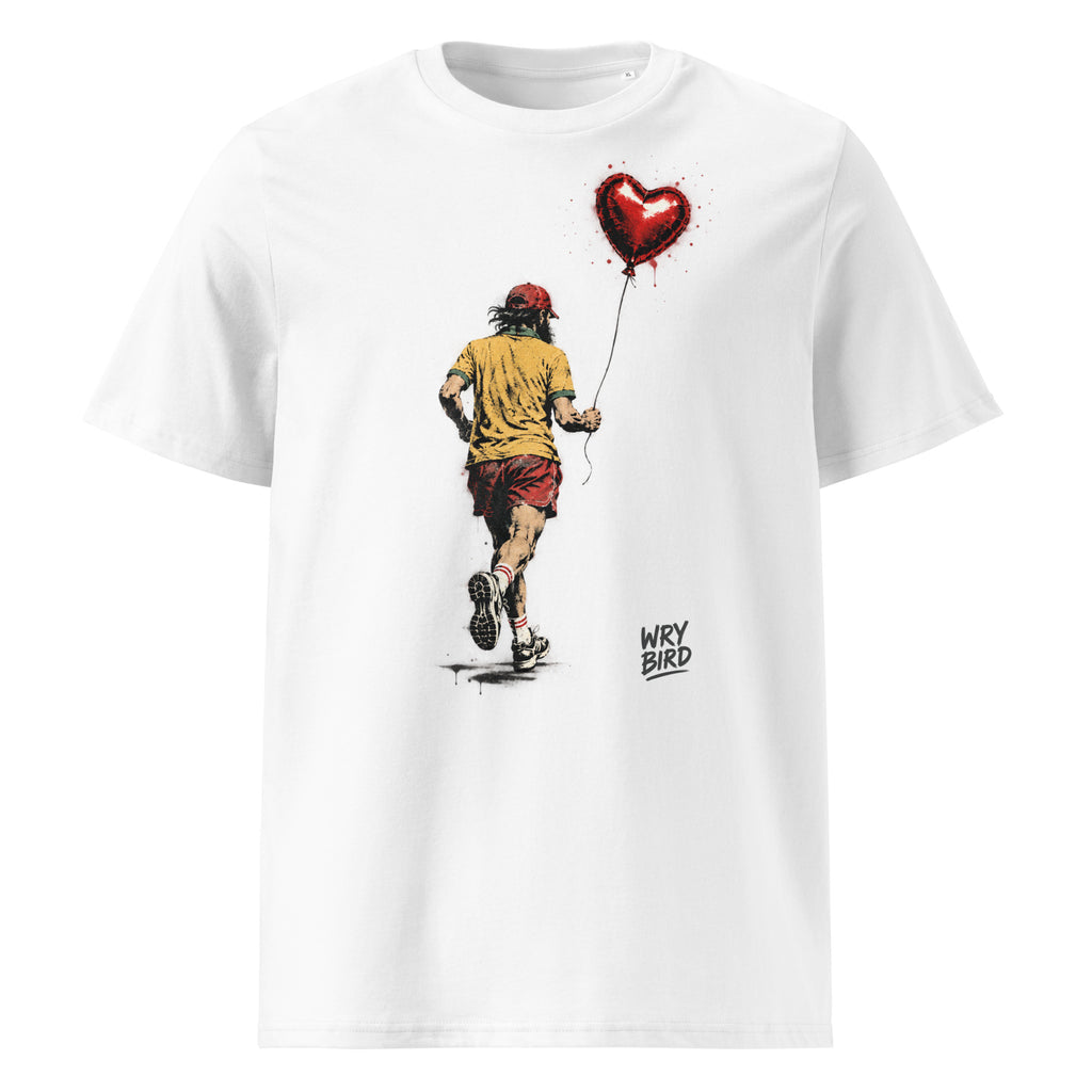 A white short-sleeve crewneck t-shirt featuring a graphic print of a man running while holding a red heart-shaped balloon, with the text 'WRY BIRD' printed below the graphic.