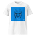A white short-sleeve crewneck t-shirt featuring a square graphic print on the chest. The graphic shows a stylized blue blueprint illustration of a Viking helmet with a beard and white wired headphones, with the text 'WRY BIRD' in the bottom right corner of the print.