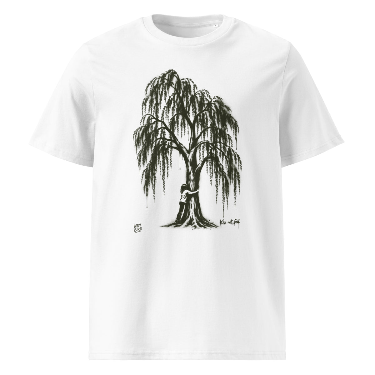 A white short-sleeve crewneck t-shirt featuring a black graphic print of a weeping tree with a silhouette of a person hugging its trunk, shown against a plain white background.
