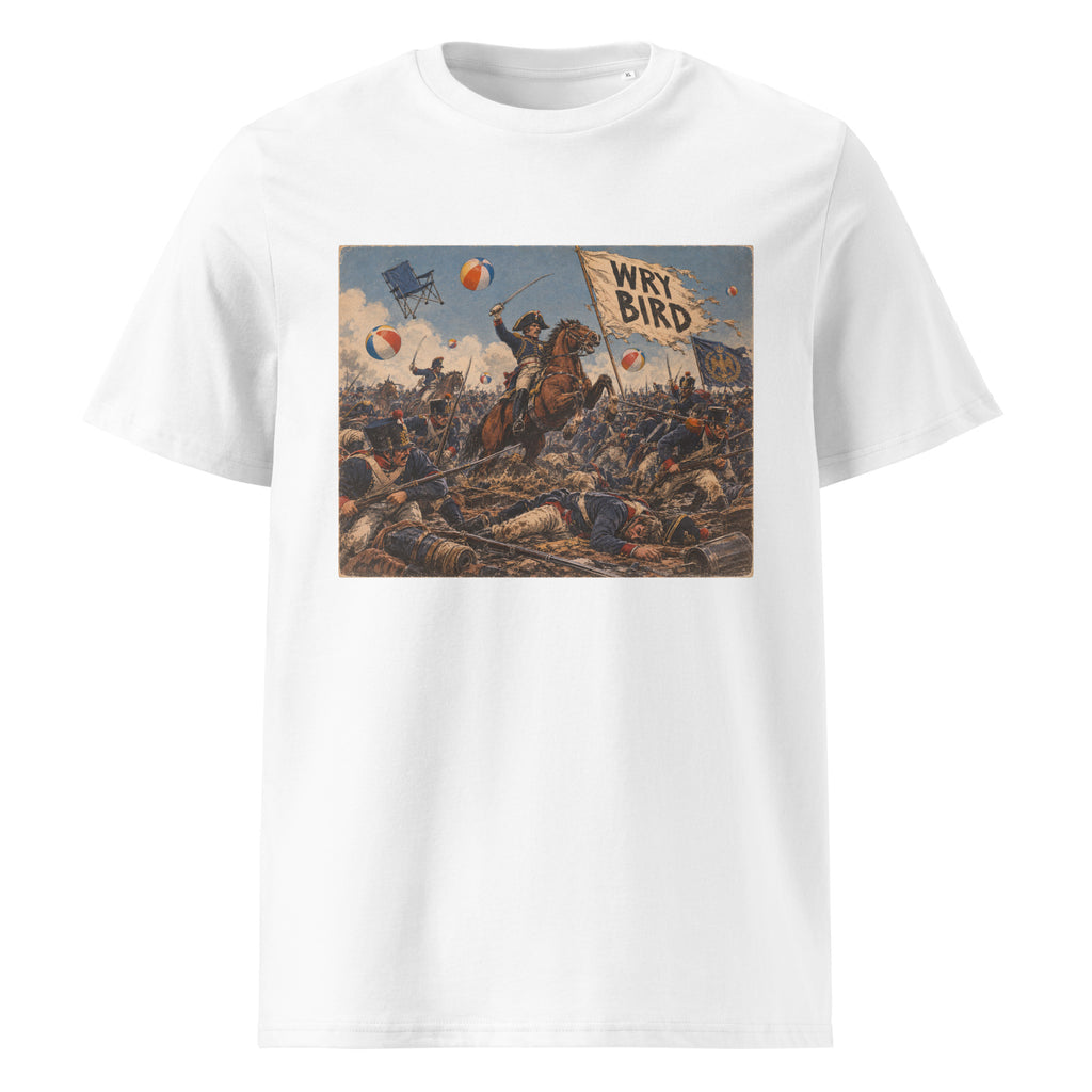 A white short-sleeve crewneck t-shirt featuring a large rectangular graphic print on the front. The graphic is a vintage-style illustration depicting a chaotic battle scene with soldiers, horses, and balloons, with a banner reading 'WRY BIRD'.