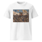A white short-sleeve crewneck t-shirt featuring a large rectangular graphic print on the front. The graphic is a vintage-style illustration depicting a chaotic battle scene with soldiers, horses, and balloons, with a banner reading 'WRY BIRD'.