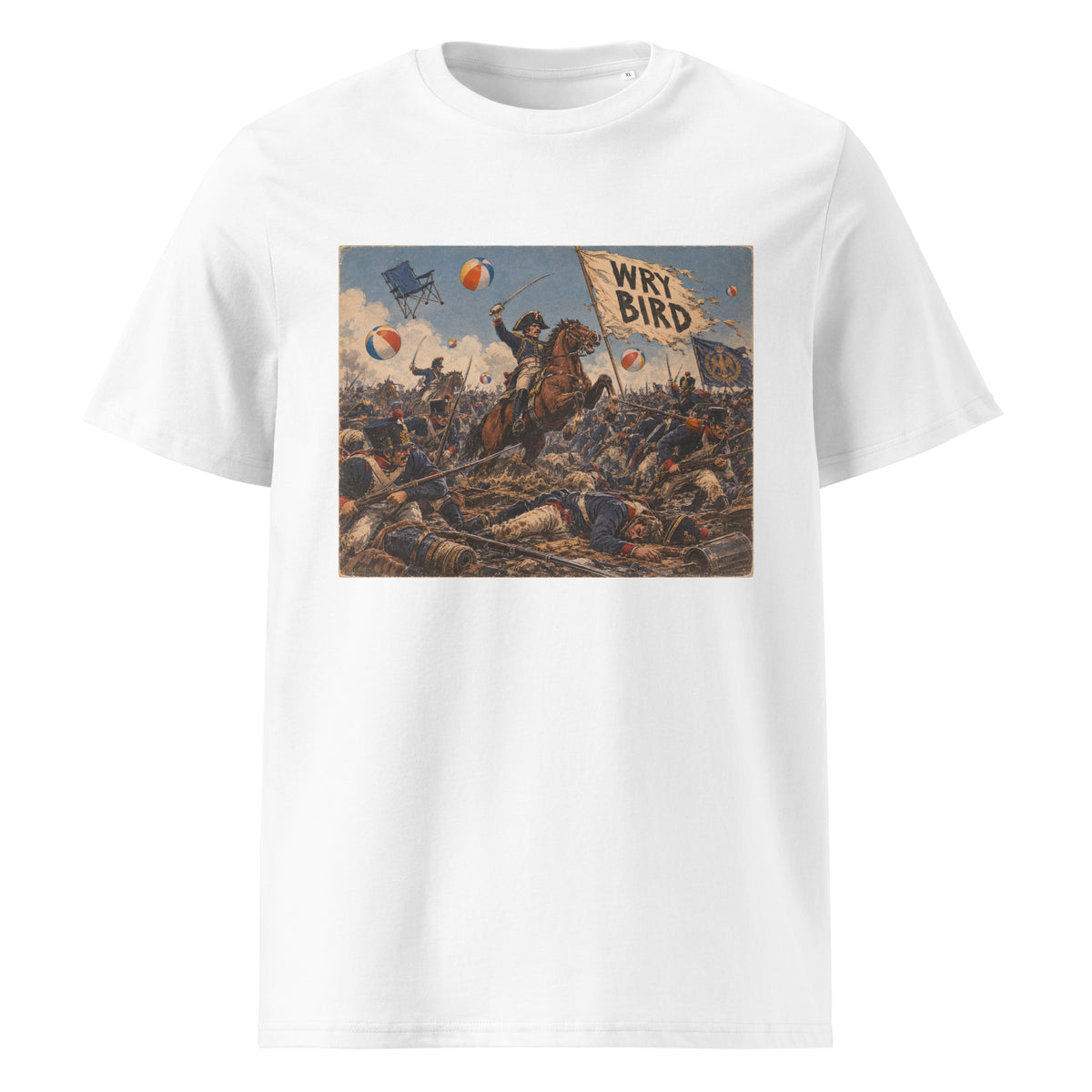 A white short-sleeve crewneck t-shirt featuring a large rectangular graphic print on the front. The graphic is a vintage-style illustration depicting a chaotic battle scene with soldiers, horses, and balloons, with a banner reading 'WRY BIRD'.
