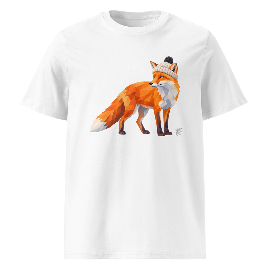 A white short-sleeve crewneck Wry Bird t-shirt featuring a graphic illustration of an orange fox wearing a beige knit hat with a black pom-pom, displayed on a clean white background.