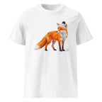 A white short-sleeve crewneck Wry Bird t-shirt featuring a graphic illustration of an orange fox wearing a beige knit hat with a black pom-pom, displayed on a clean white background.
