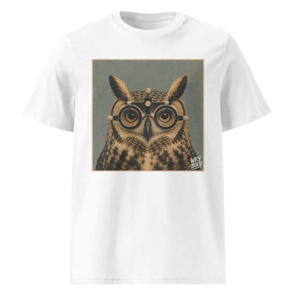 A white short-sleeve Wry Bird crewneck t-shirt featuring a square graphic print of an owl wearing eye test glasses, set against a muted blue-gray background. 