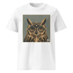 A white short-sleeve Wry Bird crewneck t-shirt featuring a square graphic print of an owl wearing eye test glasses, set against a muted blue-gray background. 