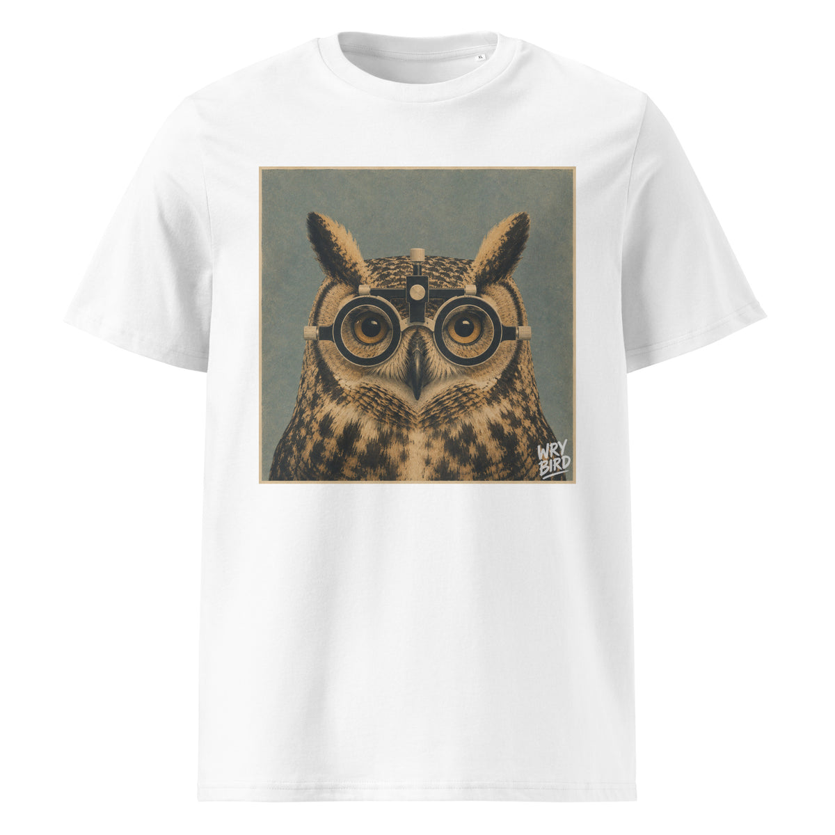 A white short-sleeve Wry Bird crewneck t-shirt featuring a square graphic print of an owl wearing eye test glasses, set against a muted blue-gray background. 