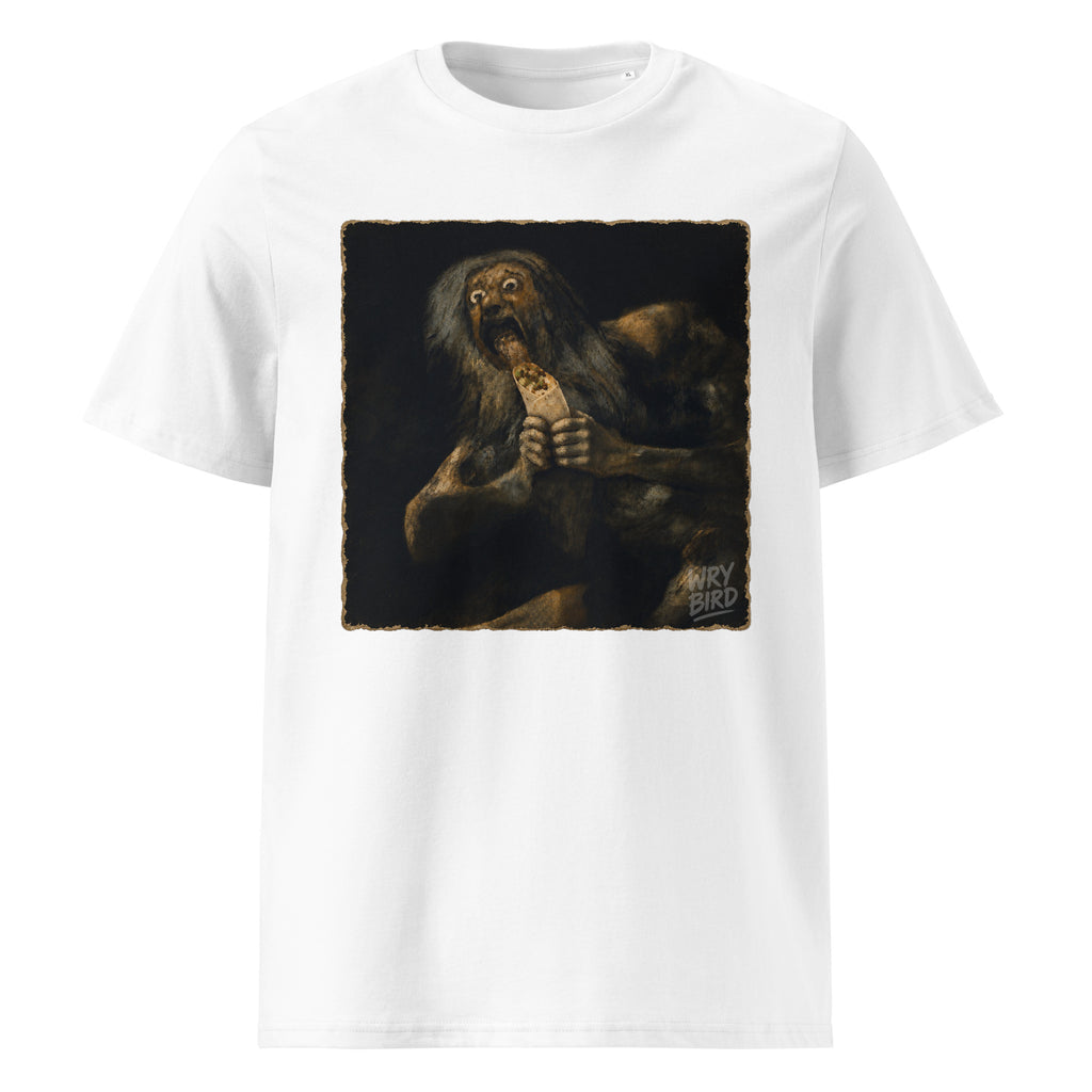 A white Wry Bird short-sleeve crewneck t-shirt featuring a square graphic print of Goya's Saturn holding a Burrito.