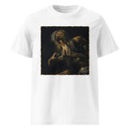 A white Wry Bird short-sleeve crewneck t-shirt featuring a square graphic print of Goya's Saturn holding a Burrito.